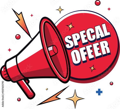 Eye catching illustration of a red and white megaphone with the words Special Offer in white surrounded by stars and lightning bolts on a white background