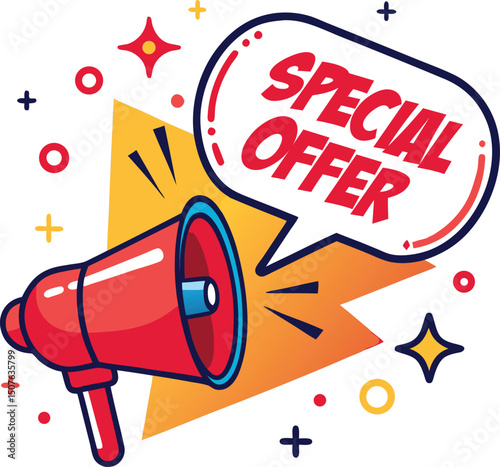 Eye catching vector illustration of a red megaphone announcing a special offer in a speech bubble surrounded by colorful abstract shapes and design elements on a white background