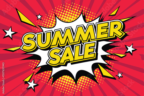 Summer Sale Comic Book Style Vector Illustration with Yellow and White Lettering on a Red Background with Stars Rays and Halftone Dots for Marketing and Advertising Campaigns