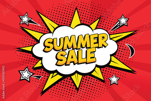 Vibrant Summer Sale Comic Book Style Design with Bursting Yellow Rays Dotted Background and Shooting Stars Perfect for Retail Promotions and Seasonal Marketing Campaigns Vector Illustration