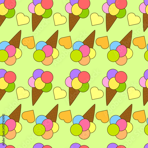 Seamless summer pattern with cute simple flat illustration of colorful ice cream waffle cones on a green background. For Summertime, dessert, refreshing design, or National Ice Cream Day celebration.