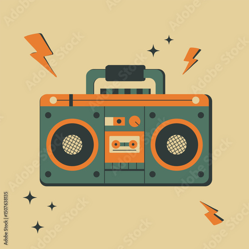 Retro boombox cassette player with vintage colors and bold graphic style. Perfect for 80s music themes, party vibes, and nostalgic design.

