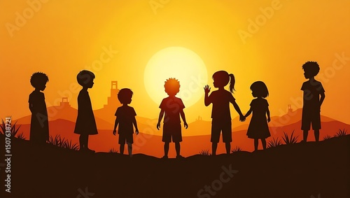 Children silhouetted against a vibrant sunset landscape vector illustration
