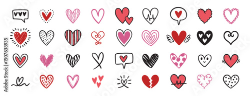 doodle and sketch pink, red heart shape icon set. romantic heart symbol. Hand drawn wedding and valentine day hearts set. love shape elements.