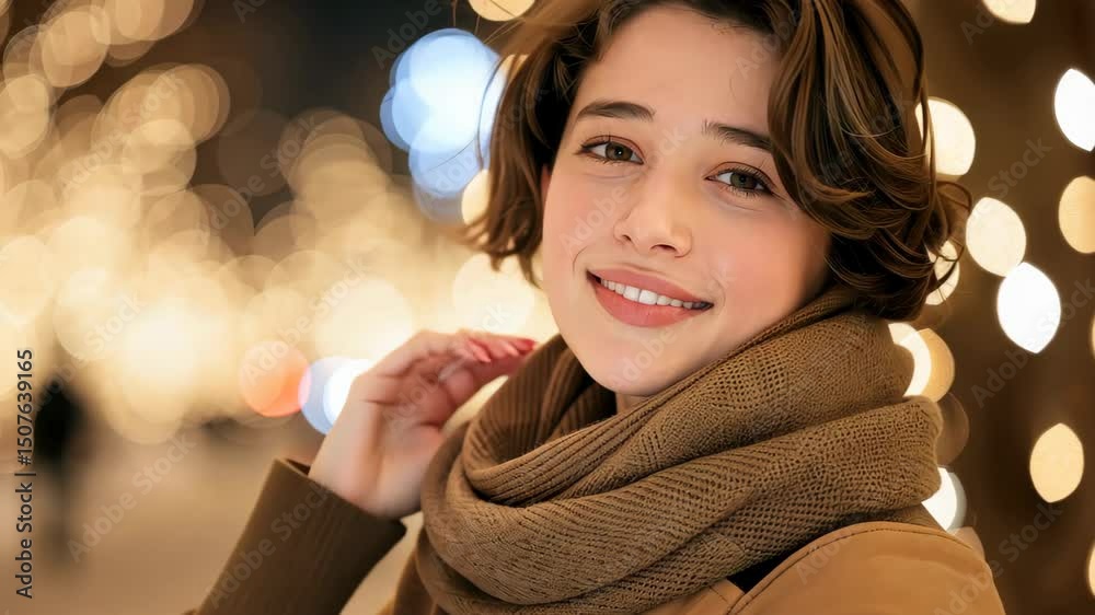 Radiant Serenity: Portrait of a woman, her visage a study in warmth and grace, adorned with a scarf amidst the soft glow of outdoor lights, capturing a moment of elegant beauty and gentle confidence.
