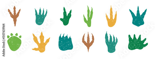 Dinosaur footprint silhouette textured grunge doodle hand drawn icon set. Drawing line clipart symbol collection