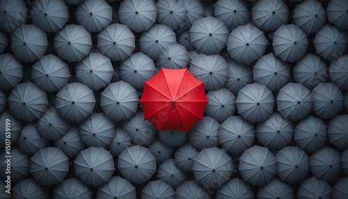 Closer perspective of a red umbrella breaking monotony in a sea of gray umbrellas, representing creativity, risk-taking, and innovation.