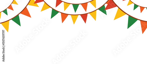 Festa Junina banner with colorful hanging flags. Decorative top border for Brazilian June festival celebration. Vector illustration isolated on white background.