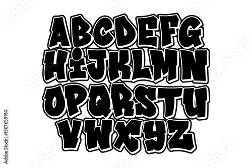 Black and white graffiti font with straight letters A–Z in bold vector format with transparent background. Urban, editable vector lettering ideal for street art, hip hop, posters, apparel.
