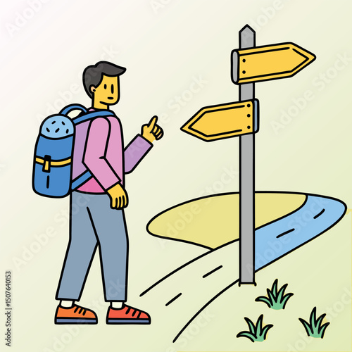 Vector Traveler at Crossroads Illustration Hiking Adventure Design