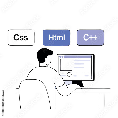 Developer Vector Illustration Coding HTML CSS C++ Computer Screen