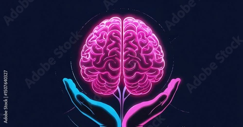 a pink brain cradled by stylized hands, symbolizing mental care, psychology, and neurological well-being.