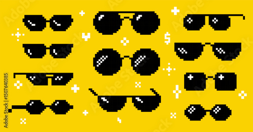 Collection of various black sunglasses in pixel art style. Vector illustration. Set of y2k inspired pixel boss glasses icons. Game abstract cool summer outfit elements on yellow background