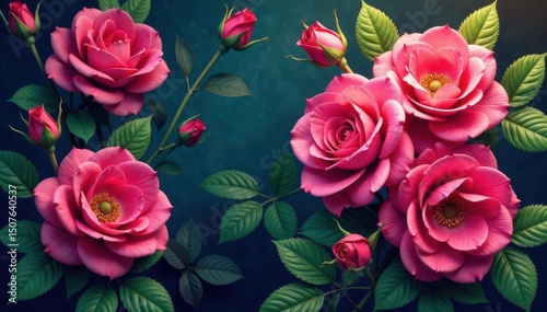 Intricate blooming roses & leaves, vibrant hues, print, graphic, repeat