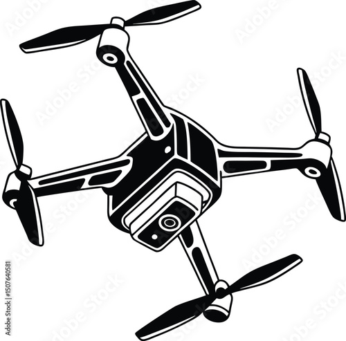Black and White Drone Illustration with Four Propellers on a White Background