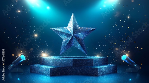 Sparkling blue star atop a tiered award platform.