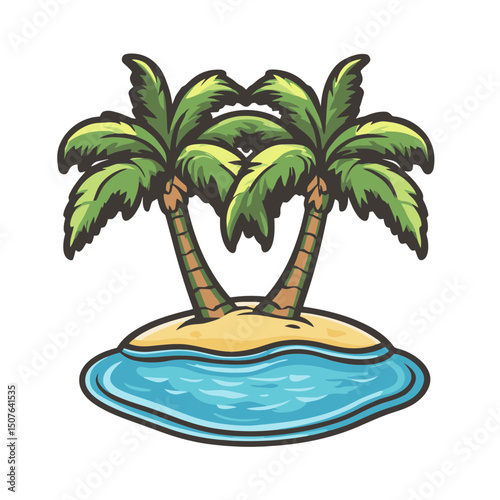 Two palm trees on a small island surrounded by clear blue water under a bright sky