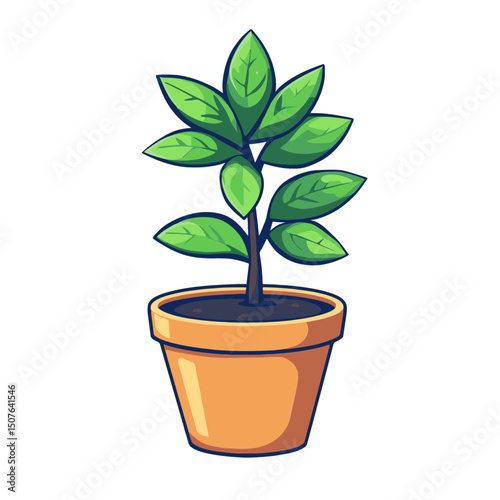 Simple flat cartoon icon of an office plant in a pot with green leaves and brown soil for workspace decor or design use