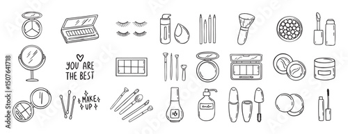 make up beauty doodle hand drawn icon set. Outline drawing cosmetics line clipart symbol