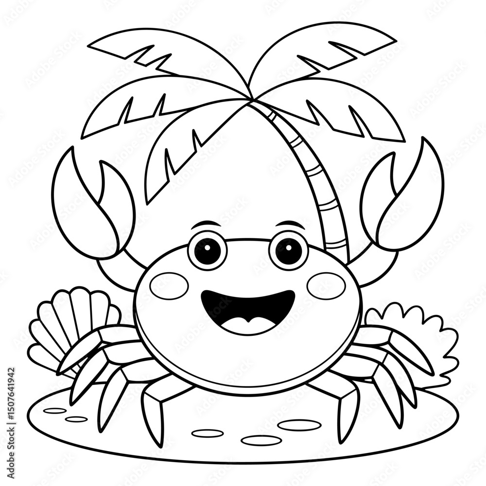 Fototapeta premium Cute crab under a palm tree, black and white coloring page for kids, perfect for summer and beach-themed activities
