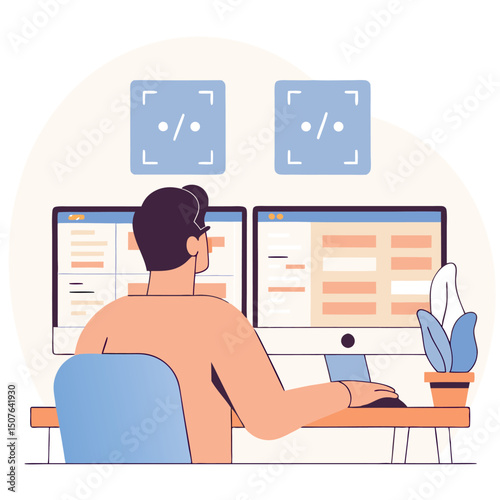 Dual Monitor Vector Illustration Modern Workspace Design Concept