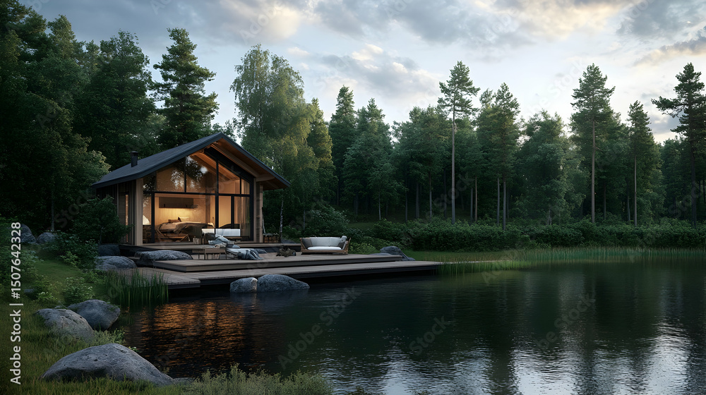 Obraz premium Cozy Cabin on a Wooden Deck by a ACD67