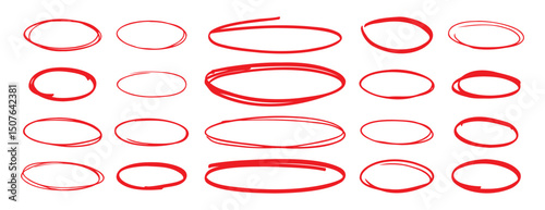 red pen hand drawn doodle marks, red circle and oval stroke set. Outline red drawing line clipart symbol