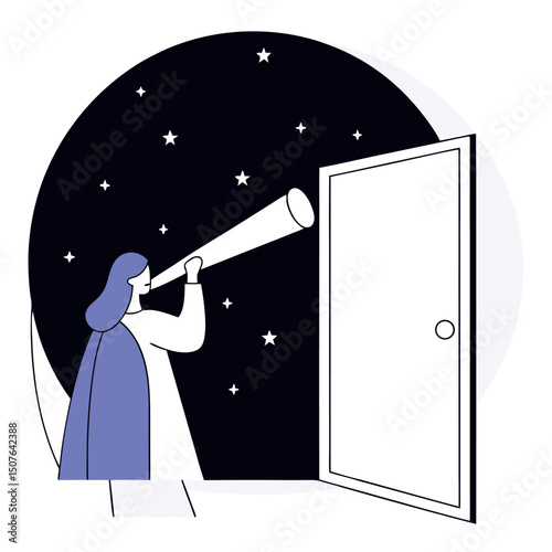 Telescope Door and Stars Vector Illustration Night Sky Design