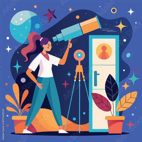 Vector Illustration of Woman with Telescope Looking at Stars and Planets