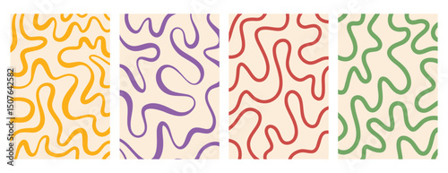 retro vintage background twisted lines, fluid, curved, wiggling stripes and waves set. Colorful funky chaotic Liquid ornaments, groovy hippie pattern set.