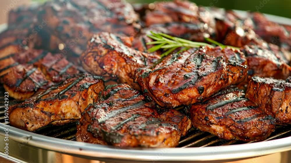 Grilled Meat Feast: A sizzling platter of perfectly grilled meat, showcasing delicious grill marks and rosemary garnish.