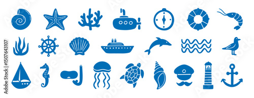 hand drawn doodle sea silhouette elements. marine ships, sailors and underwater plants, shells, starfish and corals.