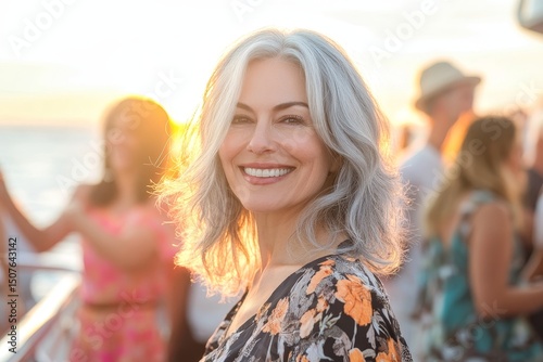 Mature caucasian woman smiling at sunset garden party