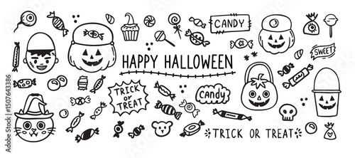 Halloween sweet candy doodle outline set. Line hand drawn candies. Drawing sweets
