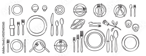 Table settings serving with plate, forks, spoons, knife. Table etiquette. doodle hand drawn icon set. Outline drawing line clipart symbol collection