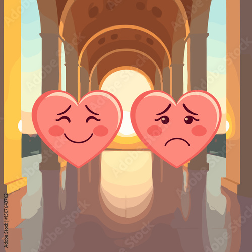 Two cartoon hearts expressing different emotions in a sunny architectural setting, copy space
