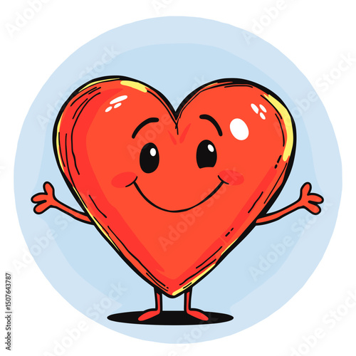 Happy cartoon heart character with outstretched arms on a light blue background, copy space