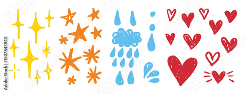 Cute pencil crayon textured hearts, drops, stars set. simple doodle hand drawn emotional icons symbols