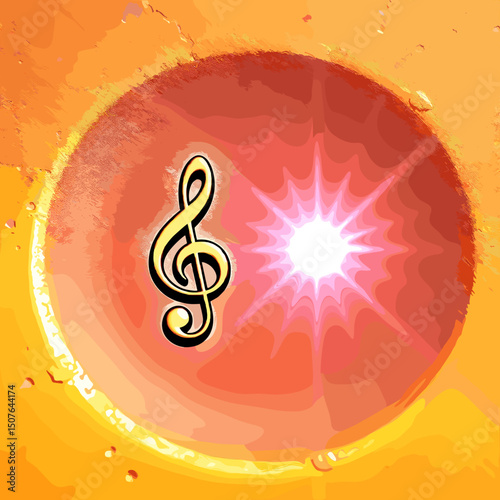 Illuminated music note symbol on a textured orange background with a glowing light effect, copy space
