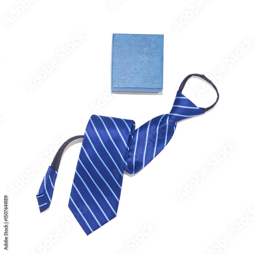 blue tie with gift box on white background closeup shot 