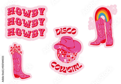 Cowgirl Sticker Pack, Cowgirl Illustration, Disco Cowgirl, Rainbow Western Boots, Cowgirl Boots with Flower