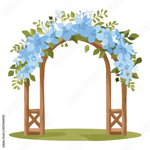 Wooden wedding arch with vibrant blue flowers