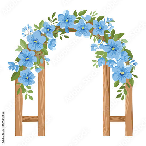 Wooden wedding arch with vibrant blue flowers