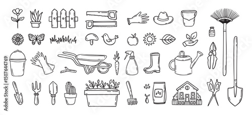 Gardener tools hand drawn doodle icons set. Hobby gardening. Garden items for plant care and backyard cleaning. Garden line clipart.