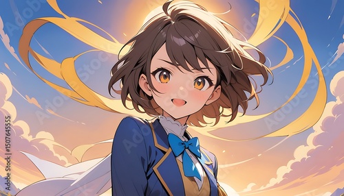Anime Girl Portrait with Sky and Golden Ribbons Background Illustration