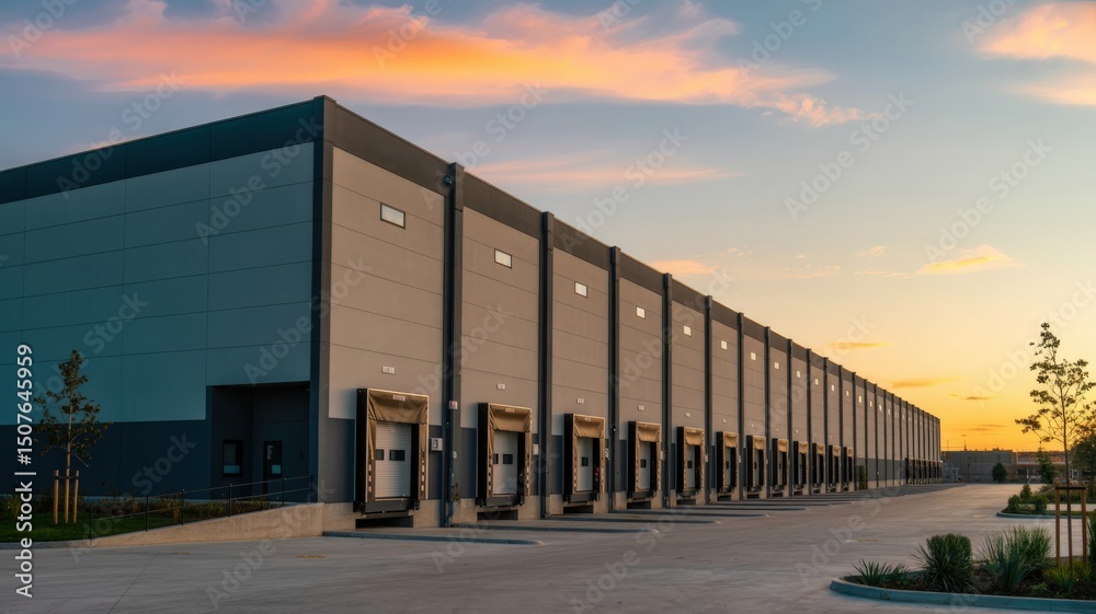 Obraz premium Warehouse exterior with loading docks at sunset. Logistics and delivery.