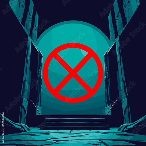 Digital artwork of a red prohibition symbol inside an abstract dark chamber with stairs, copy space