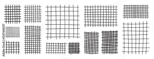 Doodle hand drawn grids for notes. Square grid and striped pattern. Geometric plaid pattern with pencil lines and strokes.