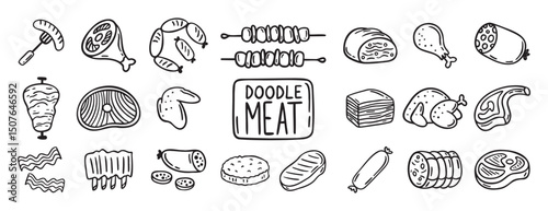 meat, pieces of meat and meat products doodle hand drawn icon set. Outline drawing meat products line clipart symbol collection