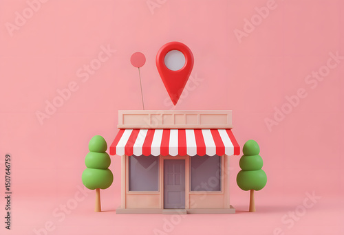 3D Render of a Cute Little Shop with Location Pin Find Your Local Store